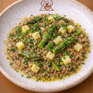 Risotto d'épeautre aux asperges vertes et d'un vieux comté. Ce plat est disponible pour les végétarien et sans gluten.