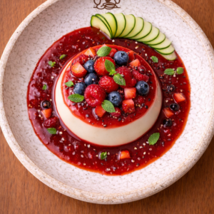 La Cour vous proposent sa panna cotta au lait d'amande et d'un coulis de fruits rouges.