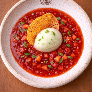 La Cour vous proposent sa soupe froide de fraise gariguettes à la verveine .