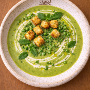 Veloute de petit pois réaliser dans nos cuisine au coeur du 11 ème. Tous nos produits viennent de nos producteur.
